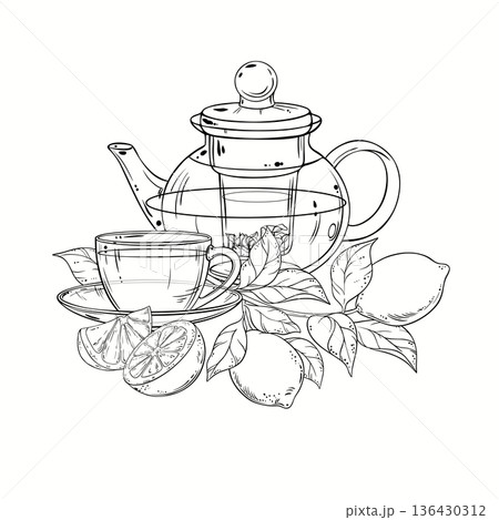 Cup of Lemon Tea Outline Illustration. 136430312