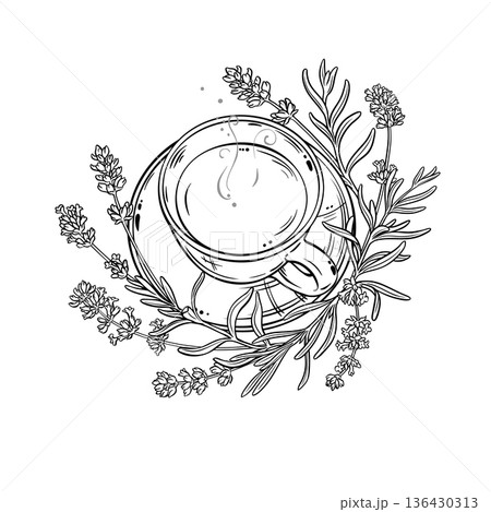 Cup of Lavender Tea Outline Illustration. Cup of Lavender Tea Outline Illustration. 136430313