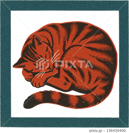 アンティーク風の猫のイラスト　ヴィンテージ調の動物素材 136430400
