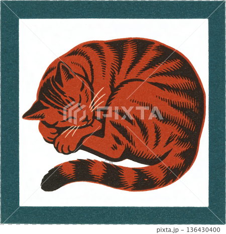 アンティーク風の猫のイラスト　ヴィンテージ調の動物素材 136430400