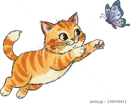 アンティーク風の猫のイラスト　ヴィンテージ調の動物素材 136430411