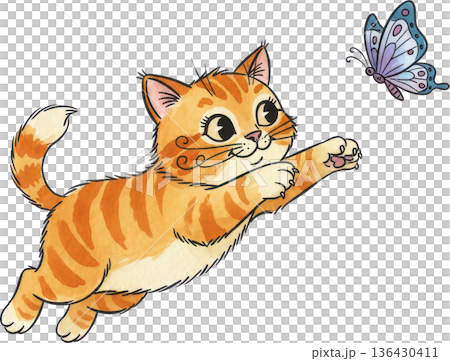 アンティーク風の猫のイラスト　ヴィンテージ調の動物素材 136430411