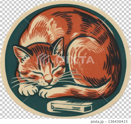アンティーク風の猫のイラスト　ヴィンテージ調の動物素材 136430415