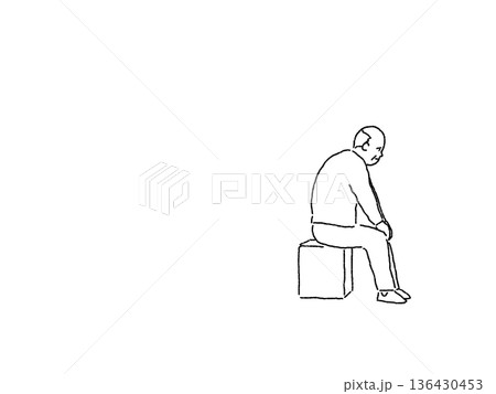 高齢者、老後のイラスト（孤独、不安）、線画、 136430453