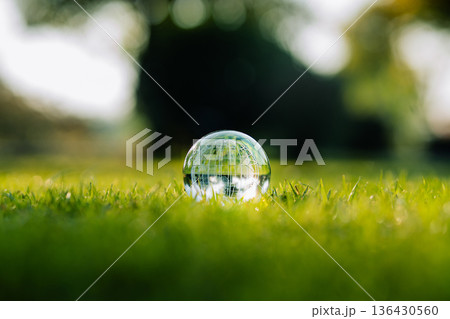 Crystal globe on green grass for environmental sustainability and ecology concept Crystal globe on green grass for environmental sustainability and ecology concept 136430560