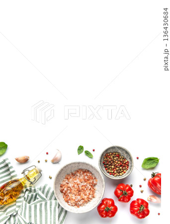 Fresh cooking ingredients with herbs, spices, and olive oil 136430684