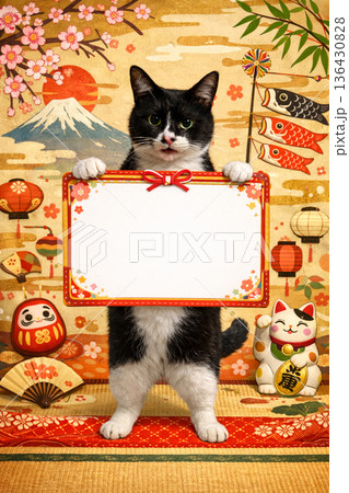 お正月の縁起物のイラストが散りばめられたおめでたい縁起の良い猫 136430828