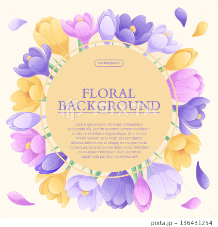 Colorful background with beautiful crocuses. The concept of spring, wedding, March 8th, mother's day, birthday. Vector illustration for the design of posters, flyers, postcards, invitations Colorful background with beautiful crocuses. The concept of spring, wedding, March 8th, mother's day, birthday. Vector illustration for the design of posters, flyers, postcards, invitations 136431254
