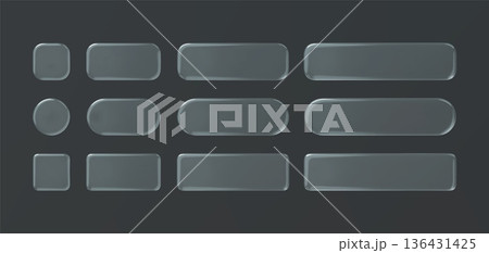 Glass round square transparent button set on grey background. 3d vector realistic ui icon. Glass round square transparent button set on grey background. 3d vector realistic ui icon. 136431425