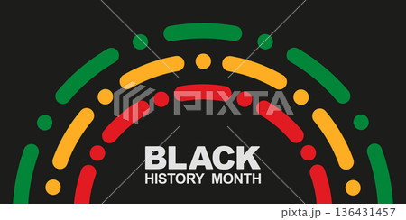 Abstract Black History Month celebration banner with symbolic red, yellow, and green arcs on a black background. Vector illustration 136431457