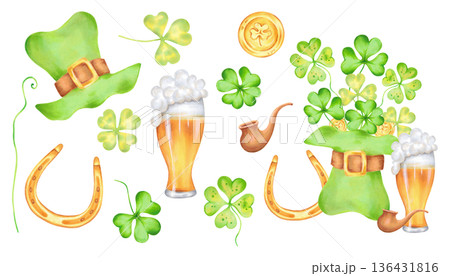 Collection of a clover leaf with a gold coin, horseshoe, top hat, glass of beer and pipe for St. Patrick's Day. Watercolor illustrations. Hand drawn. Sketch of good luck, profit and success, symbol 136431816