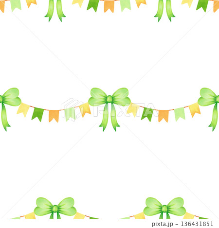 Seamless pattern with a bow and garland. Watercolor, marker illustration. Hand drawn isolated art. Hanging flags on ribbon for St. Patrick's Day, textiles, fabrics, backgrounds, packaging, wallpaper Seamless pattern with a bow and garland. Watercolor, marker illustration. Hand drawn isolated art. Hanging flags on ribbon for St. Patrick's Day, textiles, fabrics, backgrounds, packaging, wallpaper 136431851