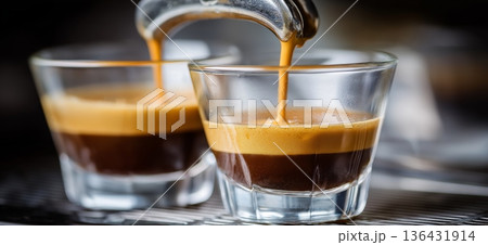 Espresso machine pouring hot coffee into glass cups. Espresso machine pouring fresh coffee with rich crema into two small glass cups 136431914