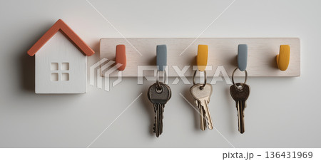Key hooks displaying real estate ownership concepts. Colorful house-shaped key hooks with keys hanging on a white wall Key hooks displaying real estate ownership concepts. Colorful house-shaped key hooks with keys hanging on a white wall 136431969