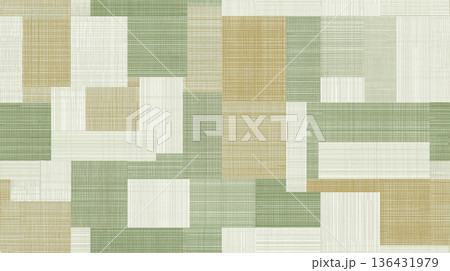Patchwork geometric pattern creating a seamless textured background. Seamless collage of muted sage and khaki rectangular shapes with woven fabric texture Patchwork geometric pattern creating a seamless textured background. Seamless collage of muted sage and khaki rectangular shapes with woven fabric texture 136431979