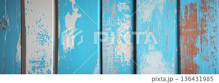 Rustic sky-blue wooden planks with distressed paint texture. Weathered sky-blue wooden planks showing distressed white and brown paint texture 136431985