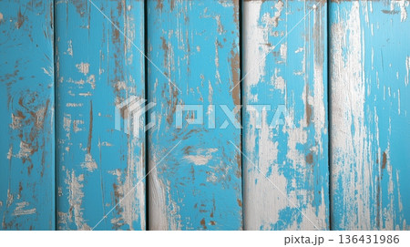 Rustic sky-blue wooden planks with distressed paint texture. Weathered sky-blue wooden planks showing distressed white and brown paint texture 136431986