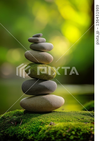Stacked river stones balancing on moss creating zen harmony. Smooth river stones balancing on moss near water, symbolizing zen, peace, and meditation Stacked river stones balancing on moss creating zen harmony. Smooth river stones balancing on moss near water, symbolizing zen, peace, and meditation 136431989