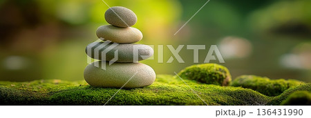 Stacked river stones balancing on moss creating zen harmony. Smooth river stones balancing on moss near water, symbolizing zen, peace, and meditation 136431990