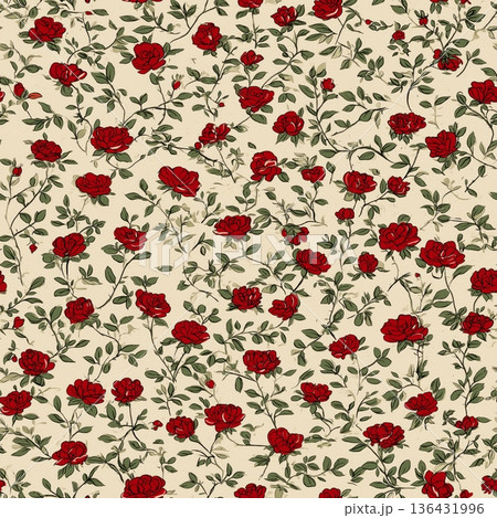 Ottoman inspired vintage floral pattern with repeating red roses. Hand-painted vintage floral pattern showing red roses and green leaves on a cream background Ottoman inspired vintage floral pattern with repeating red roses. Hand-painted vintage floral pattern showing red roses and green leaves on a cream background 136431996