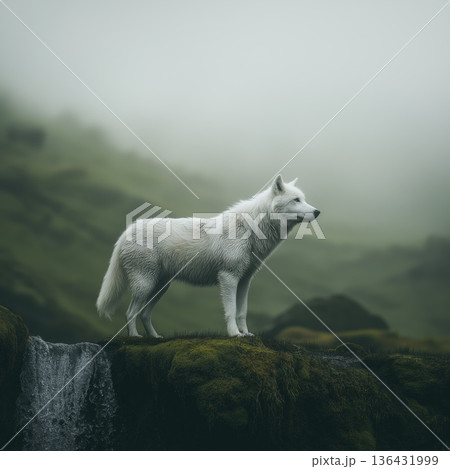 White wolf standing on mossy ridge watching in fog. White wolf standing still on a mossy cliff edge overlooking a foggy, natural environment 136431999