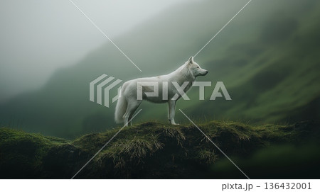 White wolf standing on mossy ridge watching in fog. White wolf standing still on a mossy cliff edge overlooking a foggy, natural environment 136432001