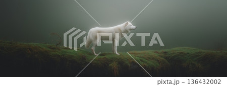 White wolf standing on mossy ridge watching in fog. White wolf standing still on a mossy cliff edge overlooking a foggy, natural environment 136432002