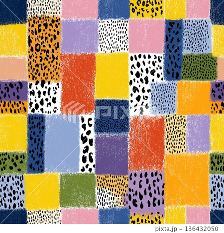 Abstract animal skin pattern with colorful blocks. Seamless collage pattern featuring diverse animal print textures and abstract color blocks Abstract animal skin pattern with colorful blocks. Seamless collage pattern featuring diverse animal print textures and abstract color blocks 136432050
