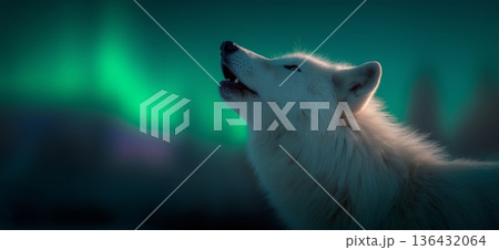 Arctic wolf howling under vibrant aurora borealis. White arctic wolf howling, breath visible against the dramatic green northern lights 136432064