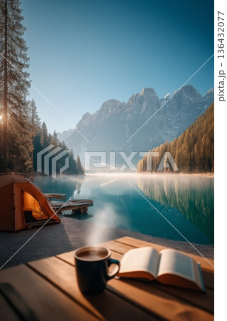 Camping view from tent enjoying lake and mountains. View from inside a tent, enjoying a steaming coffee and book by a clear lake and snowy mountains Camping view from tent enjoying lake and mountains. View from inside a tent, enjoying a steaming coffee and book by a clear lake and snowy mountains 136432077
