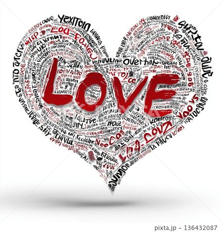 Creative LOVE word art forming a heart shape. Heart shape filled with many words of love and LOVE in red, floating on white Creative LOVE word art forming a heart shape. Heart shape filled with many words of love and LOVE in red, floating on white 136432087