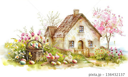 Watercolor Easter landscape. Basket with eggs and village house. Watercolor hand drawn illustration sketch. 136432137