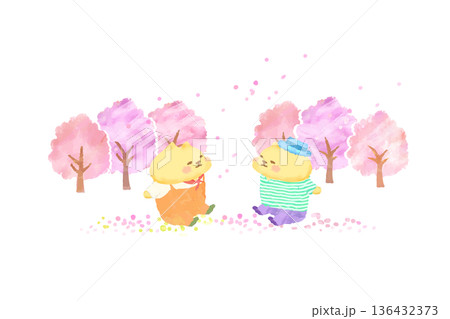 春 桜を楽しむかわいい猫の水彩イラスト素材 春 桜を楽しむかわいい猫の水彩イラスト素材 136432373