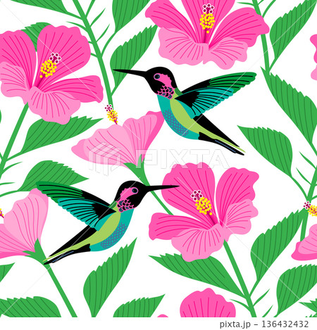 Vector seamless pattern with hummingbirds among hibiscus flowers 136432432