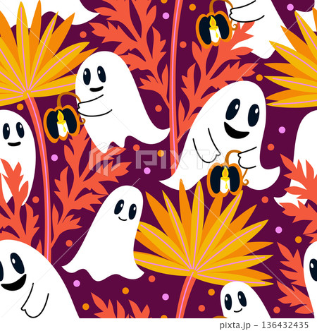 Vector seamless pattern with ghosts in a night garden with candles in pumpkins Vector seamless pattern with ghosts in a night garden with candles in pumpkins 136432435