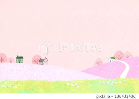 桜や花々が咲くあたたかい街並みの風景　ピンク背景 136432436