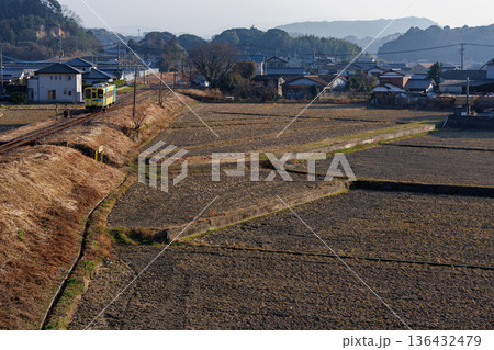 早春の町へ向かう平成筑豊鉄道400型「菜の花号」 136432479