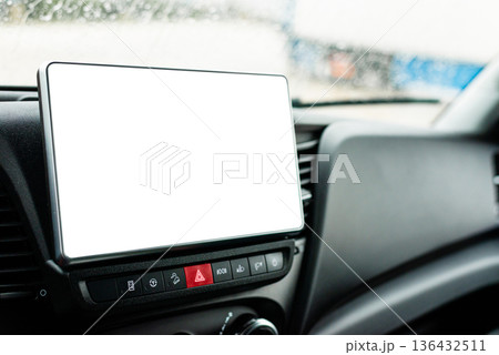 Modern vehicle dashboard display screen with white mockup 136432511