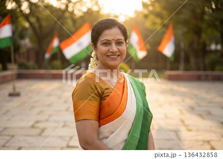 Smiling indian woman in tricolor saree standing proudly near national flags during sunset Smiling indian woman in tricolor saree standing proudly near national flags during sunset 136432858