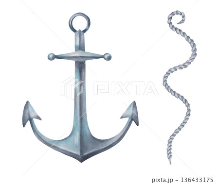 Underwater anchor with a rope. Watercolor illustration. Hand drawn isolated art. Marine design of ship and sail equipment. Vintage style clipart for printed materials and children's themes 136433175