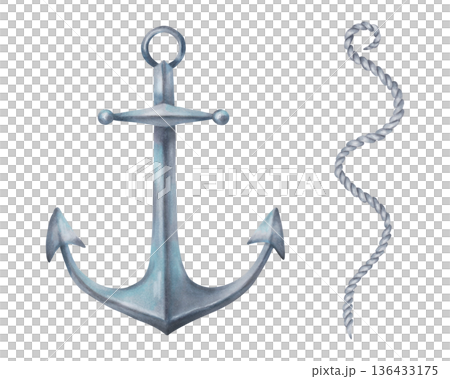 Underwater anchor with a rope. Watercolor illustration. Hand drawn isolated art. Marine design of ship and sail equipment. Vintage style clipart for printed materials and children's themes 136433175