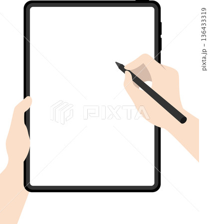 縦向きタブレット手で持ってペンで画面を操作する 136433319