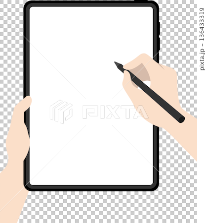 縦向きタブレット手で持ってペンで画面を操作する 136433319