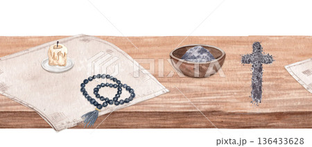 Seamless border Christian symbols on wooden table with rosary, ash cross, candle, bowl of ashes. Horizontal religious watercolor background copy space, ideal for Lent designs, church media, prints. Seamless border Christian symbols on wooden table with rosary, ash cross, candle, bowl of ashes. Horizontal religious watercolor background copy space, ideal for Lent designs, church media, prints. 136433628