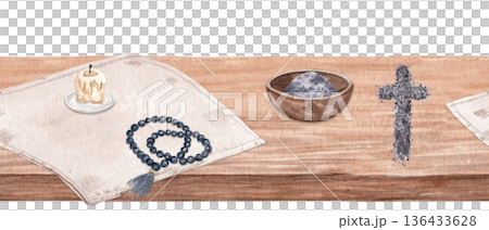 Seamless border Christian symbols on wooden table with rosary, ash cross, candle, bowl of ashes. Horizontal religious watercolor background copy space, ideal for Lent designs, church media, prints. Seamless border Christian symbols on wooden table with rosary, ash cross, candle, bowl of ashes. Horizontal religious watercolor background copy space, ideal for Lent designs, church media, prints. 136433628