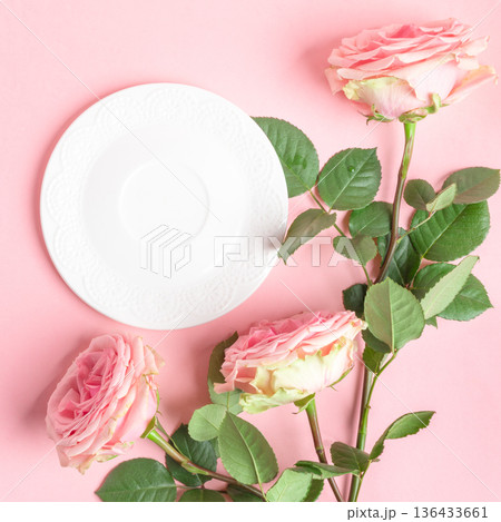 Square card template with white blank plate with pink roses on pastel pink background Mock up Square card template with white blank plate with pink roses on pastel pink background Mock up 136433661