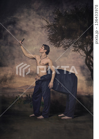 Shirtless man holding smartphone in surreal classical landscape with Minotaur body illusion 136433978