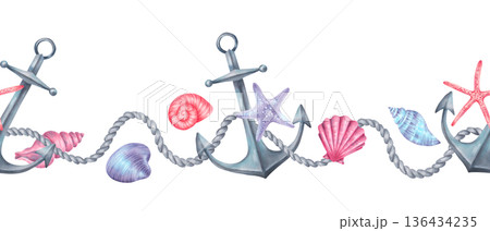 Seamless underwater border with anchors on rope, starfish and shells. Hand drawn watercolor illustration, isolated. Mediterranean style. A nautical frame for wallpaper, textiles and children themes Seamless underwater border with anchors on rope, starfish and shells. Hand drawn watercolor illustration, isolated. Mediterranean style. A nautical frame for wallpaper, textiles and children themes 136434235