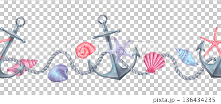 Seamless underwater border with anchors on rope, starfish and shells. Hand drawn watercolor illustration, isolated. Mediterranean style. A nautical frame for wallpaper, textiles and children themes Seamless underwater border with anchors on rope, starfish and shells. Hand drawn watercolor illustration, isolated. Mediterranean style. A nautical frame for wallpaper, textiles and children themes 136434235
