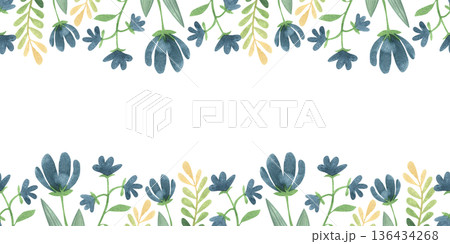 Seamless border with hand-drawn watercolor green branches, leaves, and blue flowers. Spring and summer collection of colorful plants in a simple style. 136434268